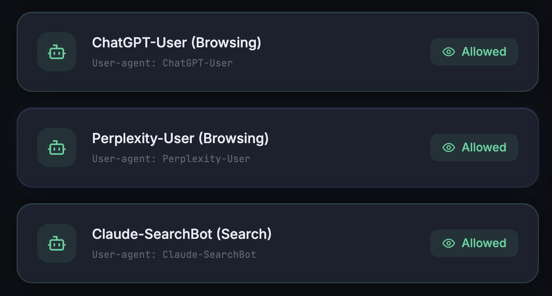 Three AI crawlers with Allowed status