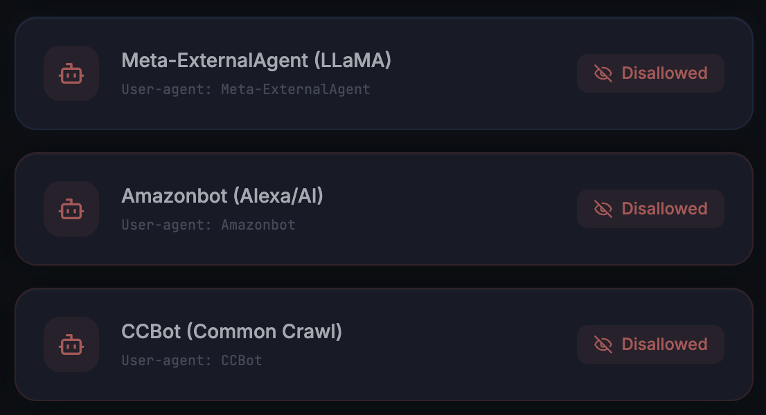 Three AI crawlers with Disallowed status