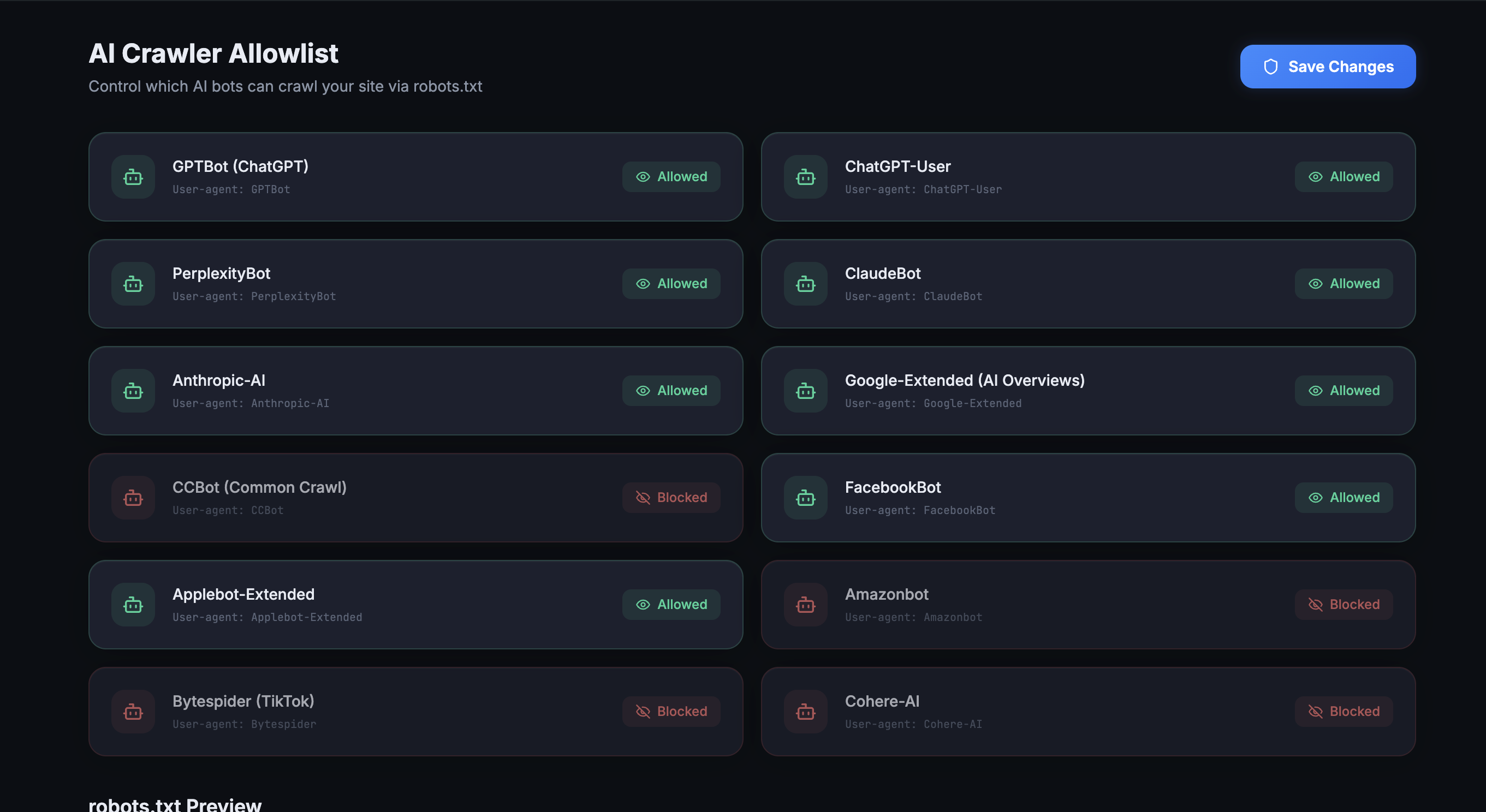 AI Crawler Allowlist showing all 18 bots with individual toggle controls