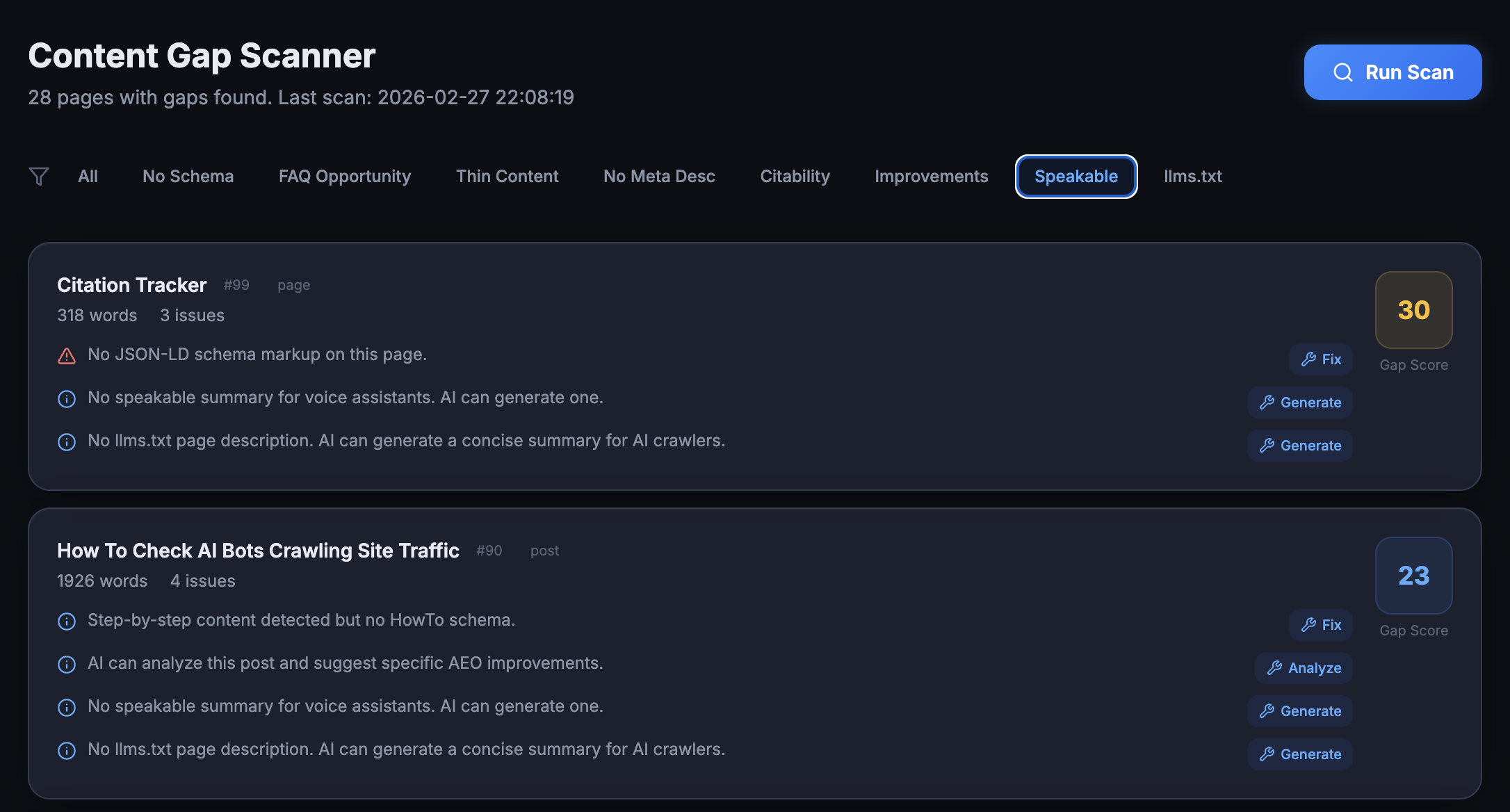 Content Gap Scanner showing per-page AEO readiness analysis