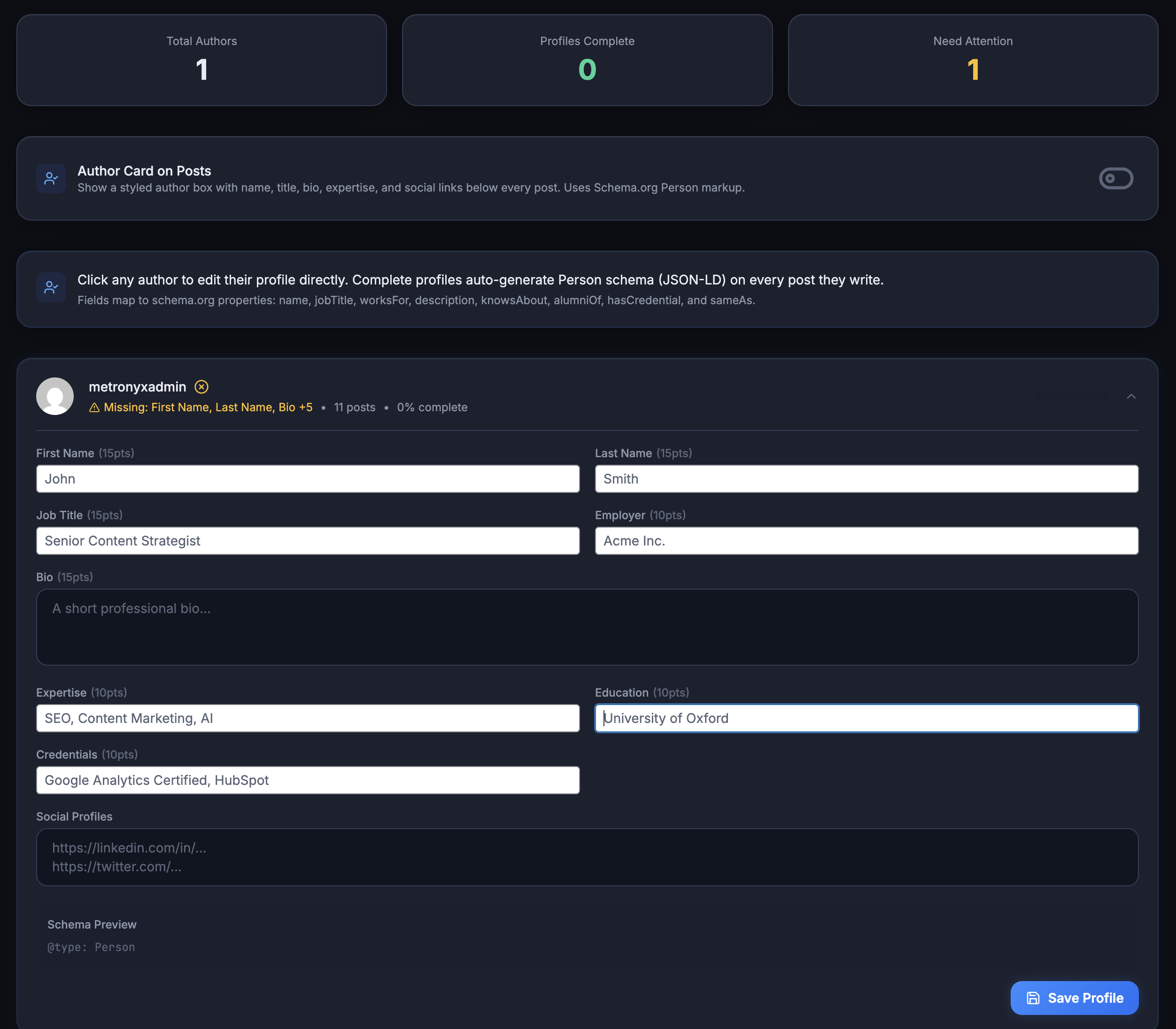 E-E-A-T author profile fields for schema enrichment