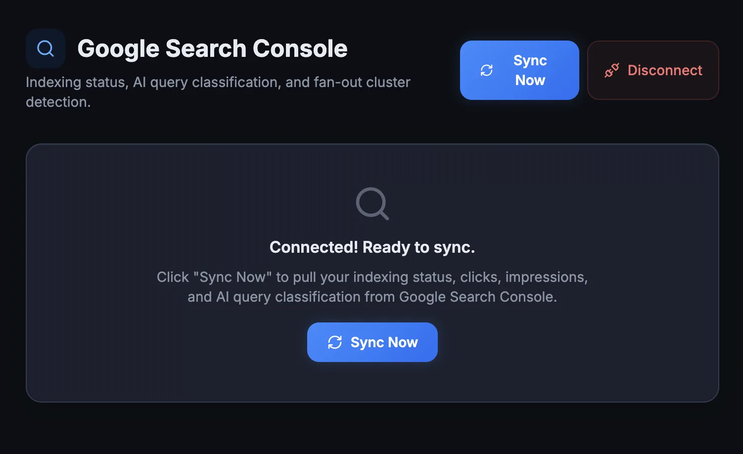GSC dashboard showing connection status and indexing alerts