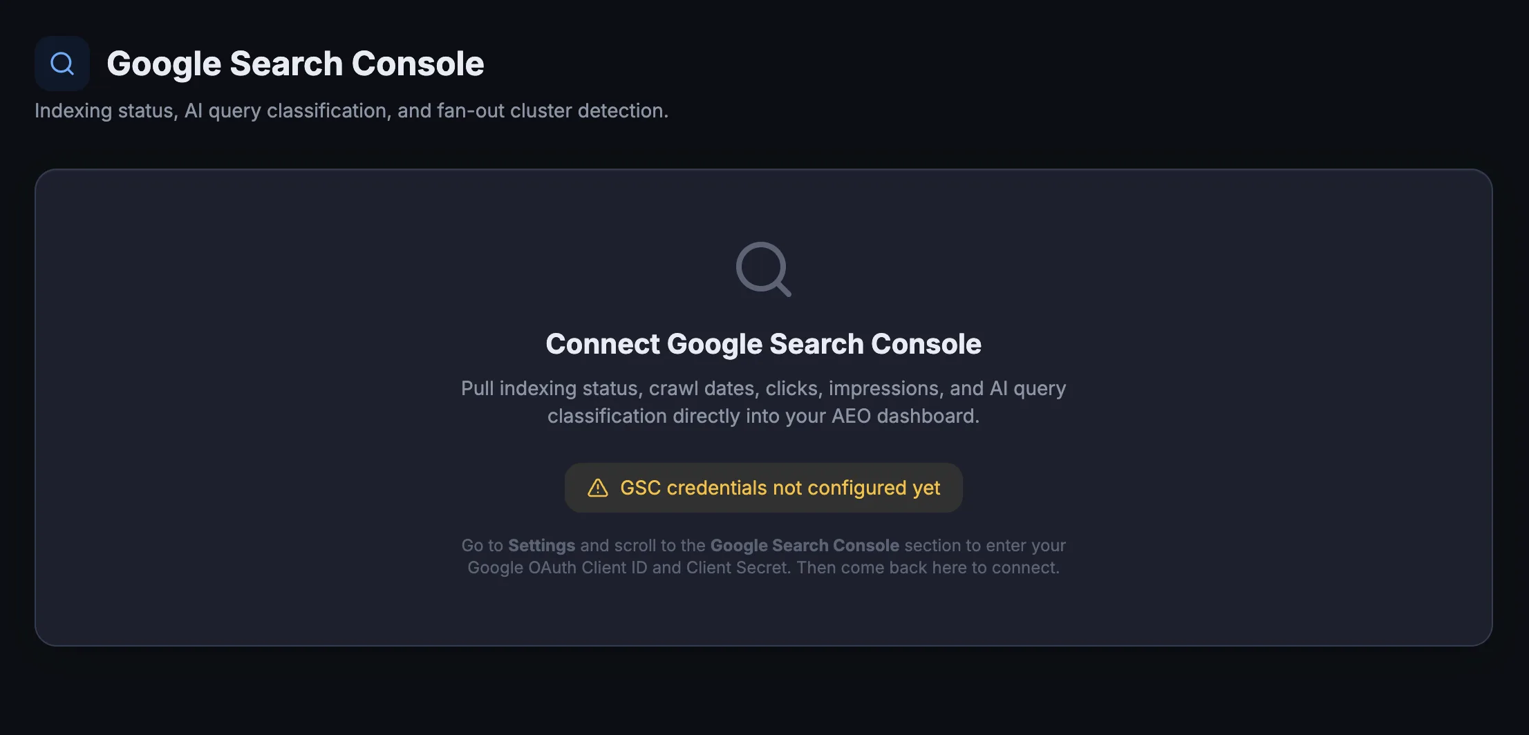 Google Search Console pre-connect screen in AEO God Mode