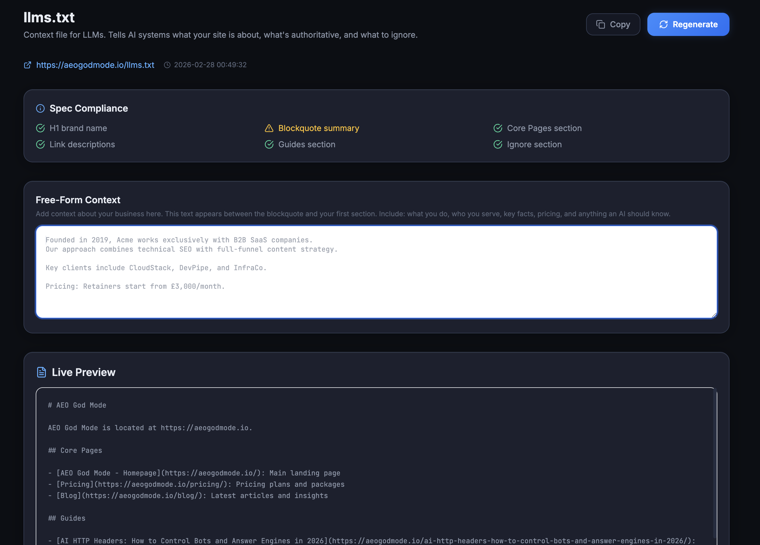 llms.txt generator interface with editable content sections
