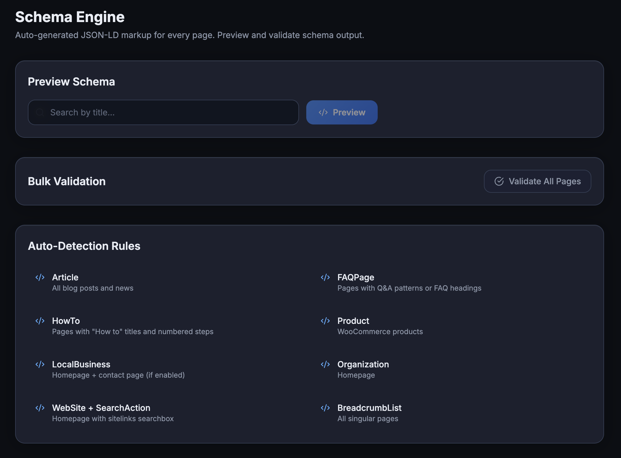 AEO God Mode Schema Engine dashboard showing 8 auto-detection rules for Article, FAQPage, HowTo, Product, LocalBusiness, Organization, WebSite, and BreadcrumbList schema types with bulk validation