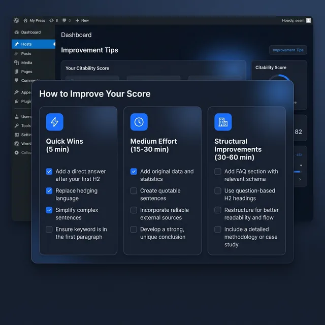 Three improvement tiers: Quick Wins, Medium Effort, and Structural Improvements with checklists