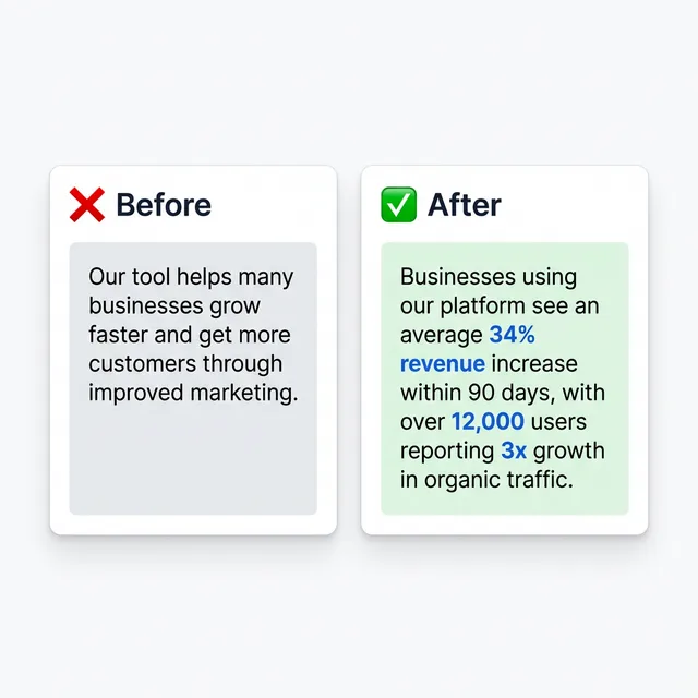 UI mockup of a before and after content comparison showing how to add original data points for illustrative purposes only. Actual components may vary.
