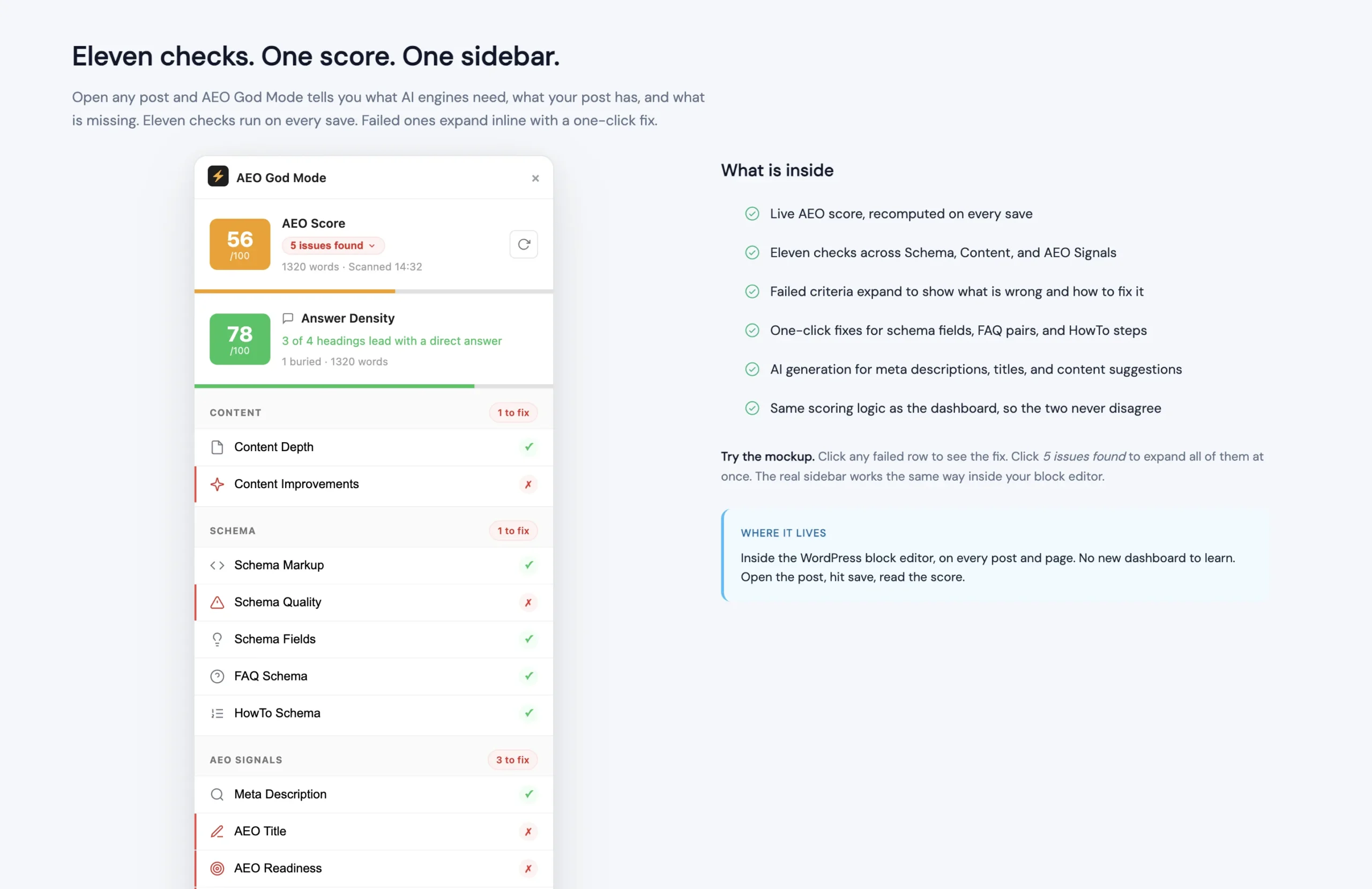 AEO God Mode AI Content Analysis sidebar in the WordPress block editor
