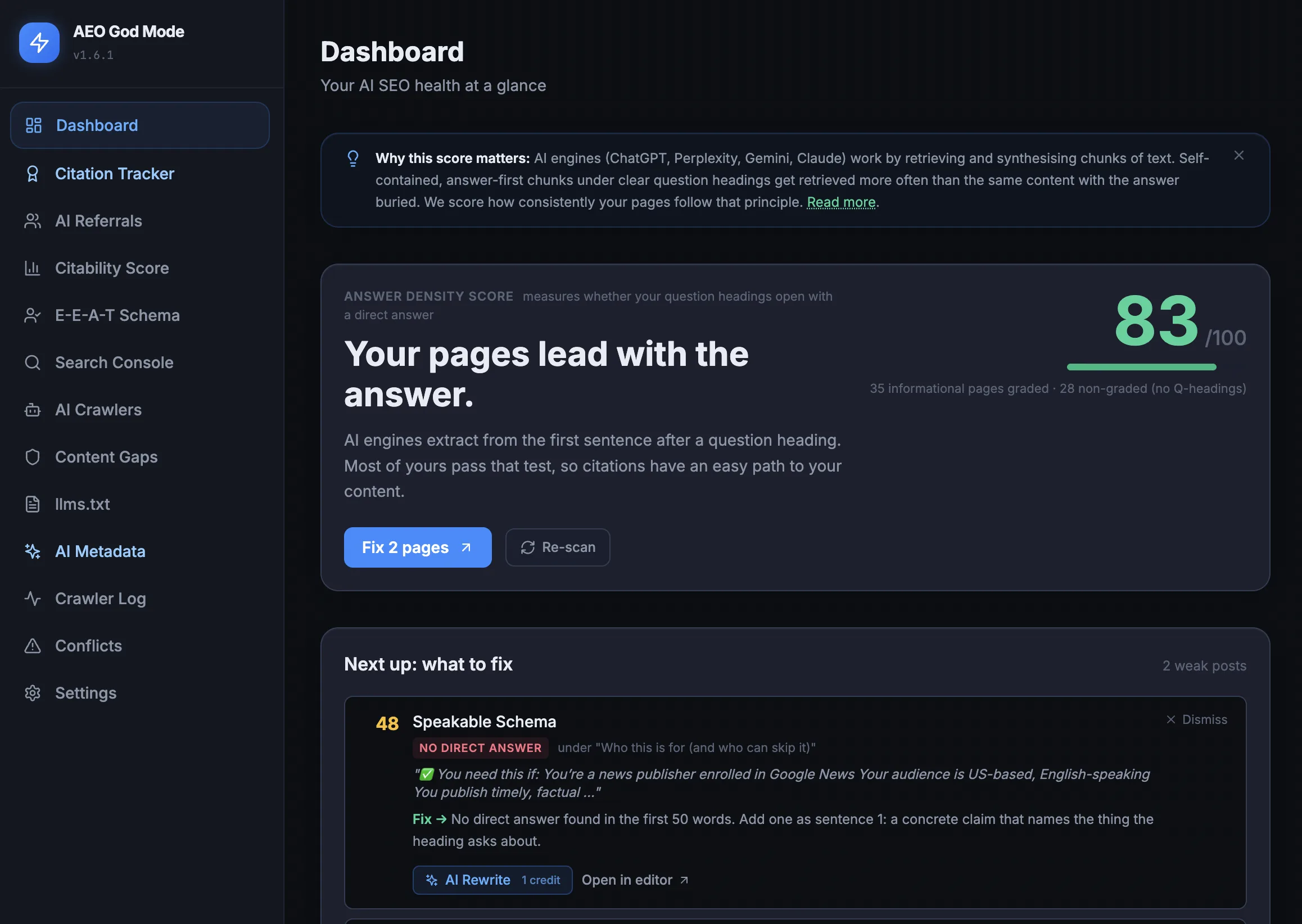 AEO God Mode Answer Density score grading question style headings