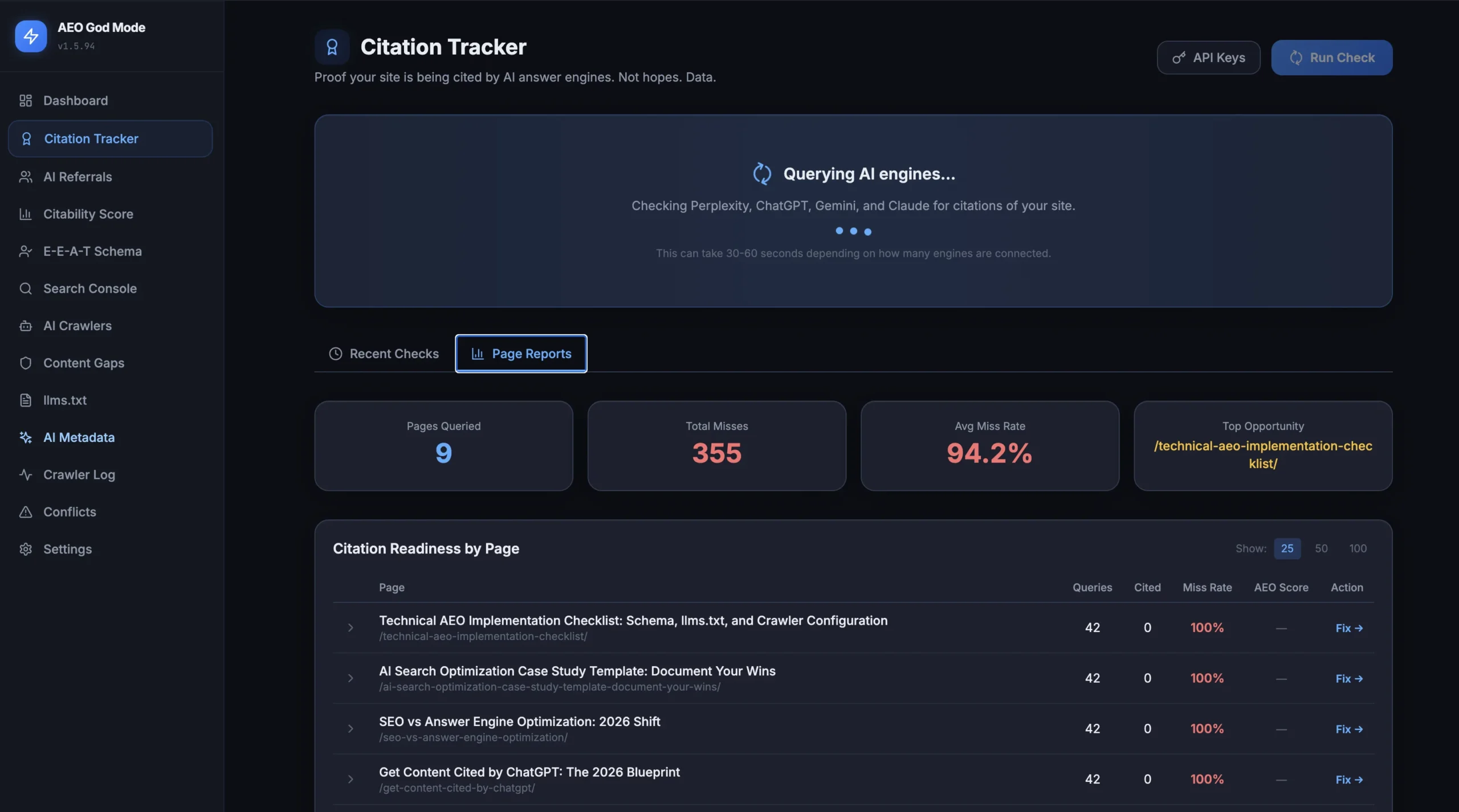 AEO God Mode Citation Tracker showing ChatGPT, Perplexity, Gemini and Claude results