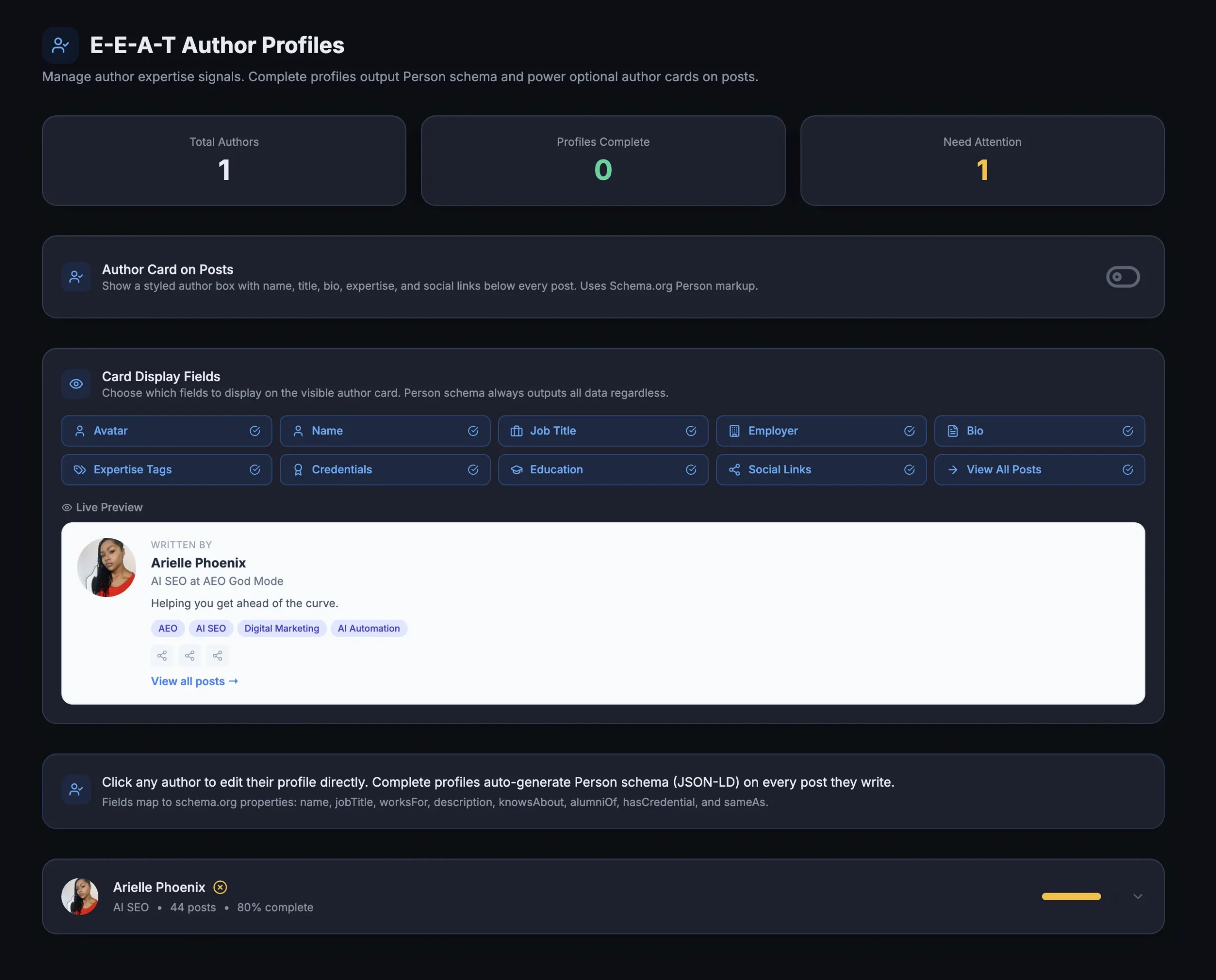 AEO God Mode E-E-A-T Author Profile editor with credentials, expertise tags, education, and live preview of the author card