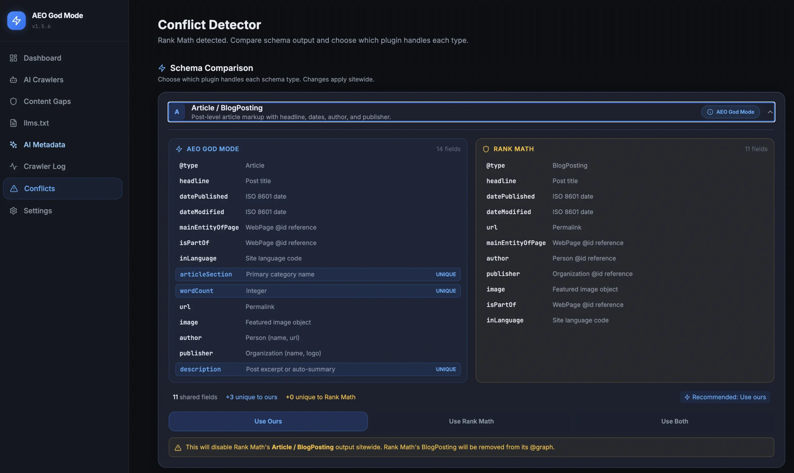 AEO God Mode Schema Conflict Detector comparing Article BlogPosting fields between AEO God Mode and Rank Math with field by field selection