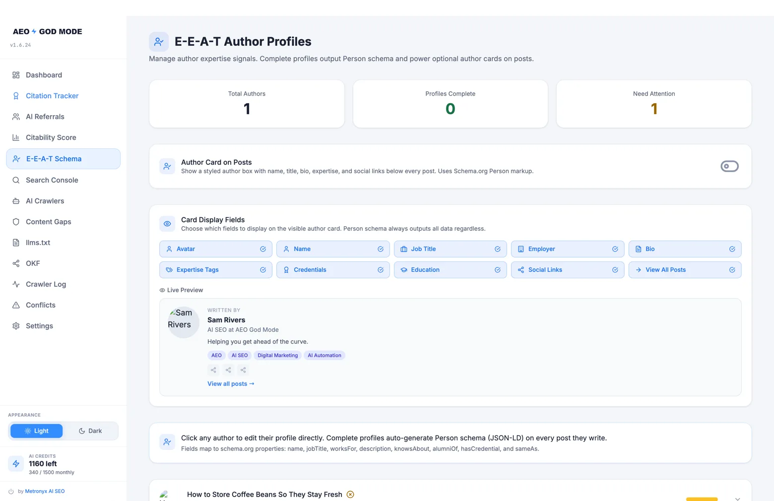The E-E-A-T Schema screen, where each author profile becomes Person markup that tells AI systems who wrote the page and why they can be trusted