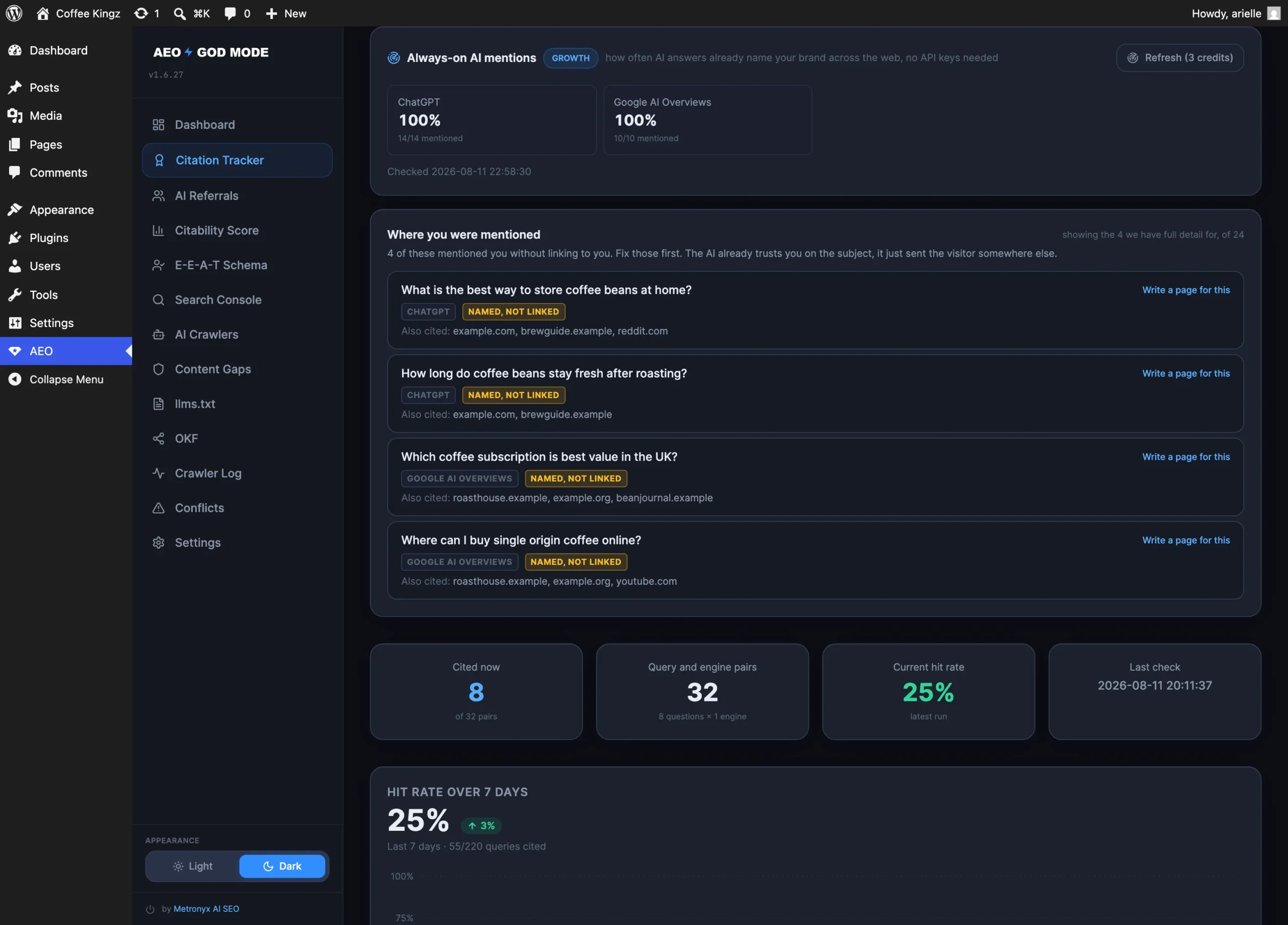 Always-on AI mentions report showing brand mentions across AI answers