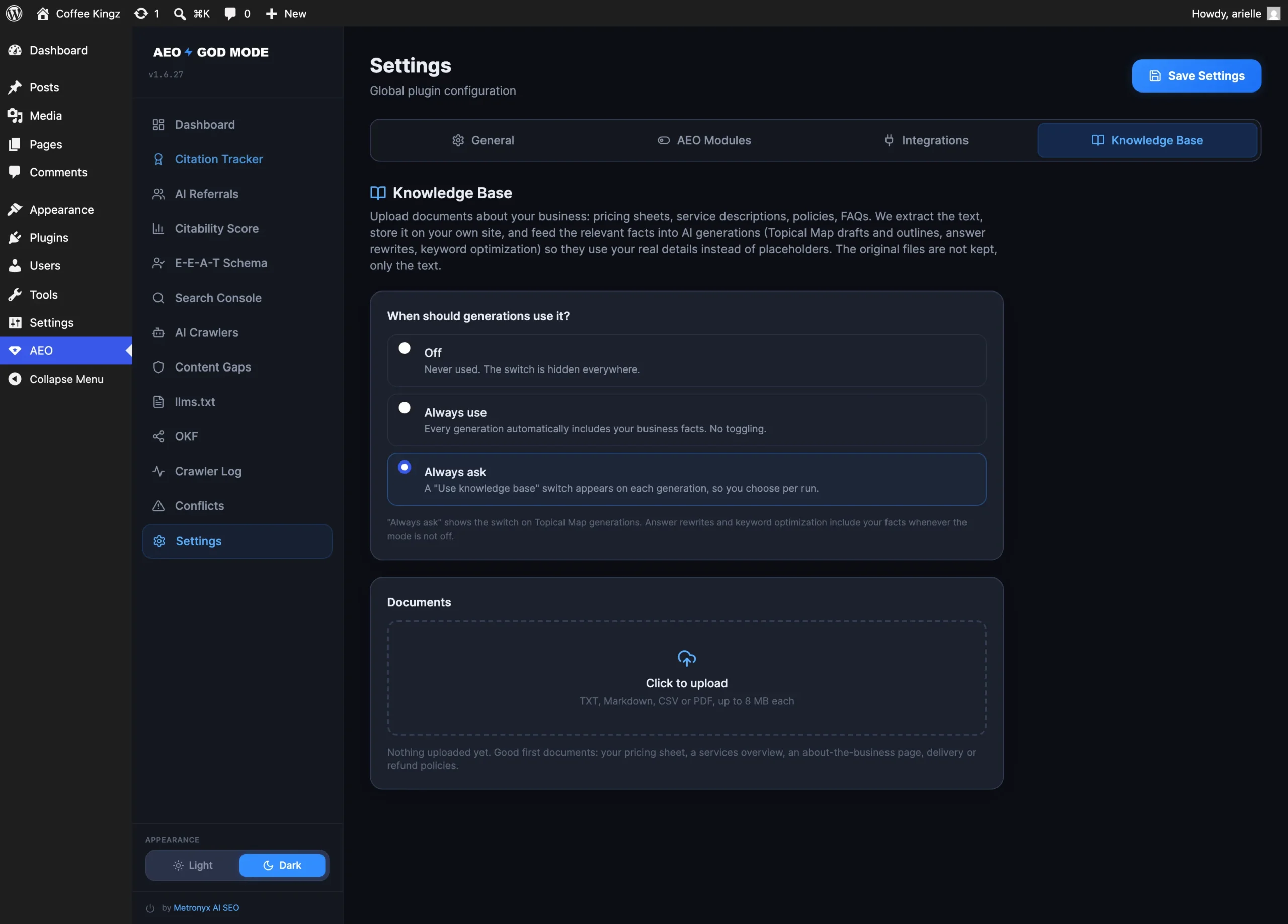 Knowledge Base settings screen with uploaded business files