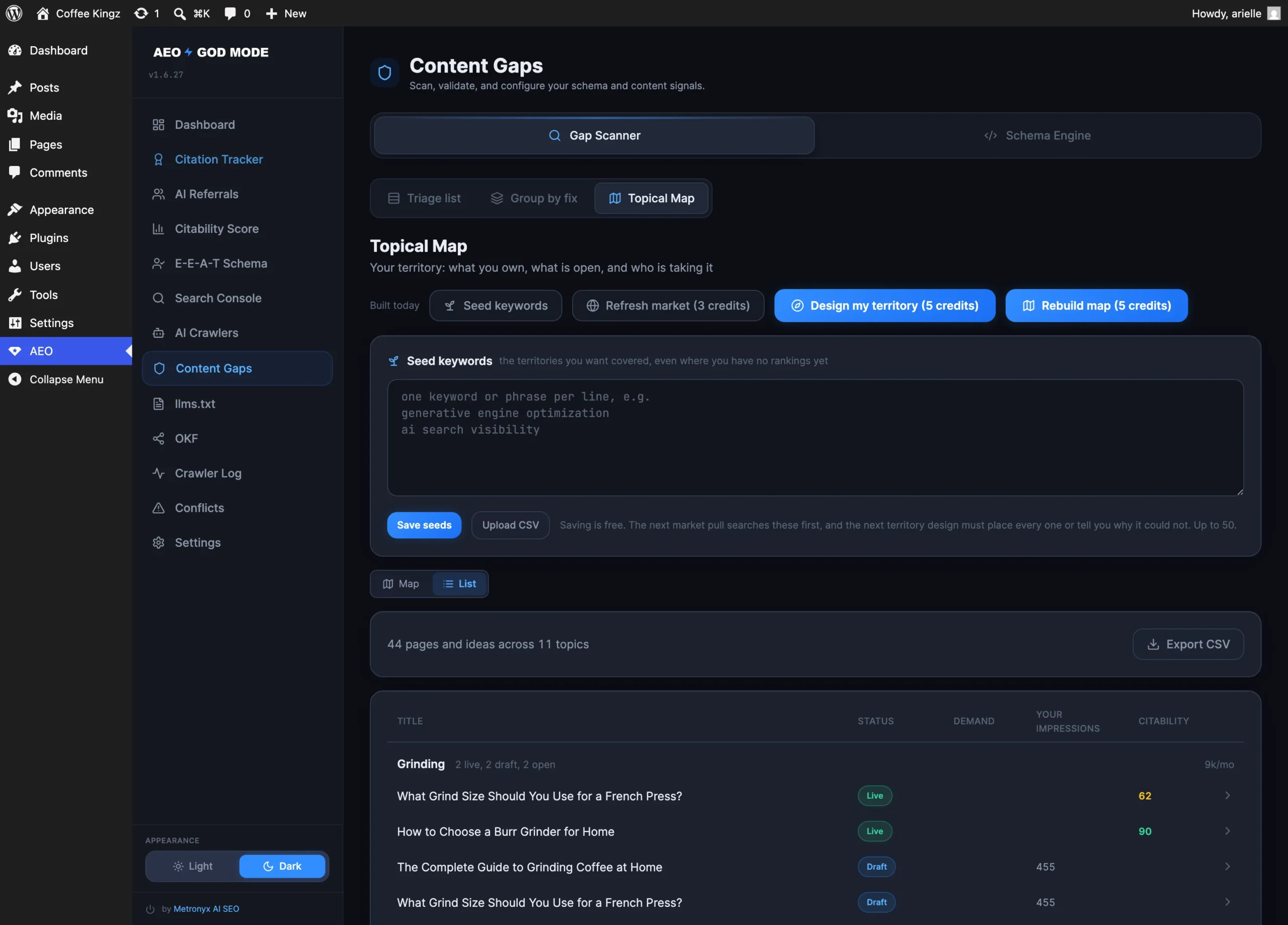 Seed keyword market search and Full market view inside the Topical Map