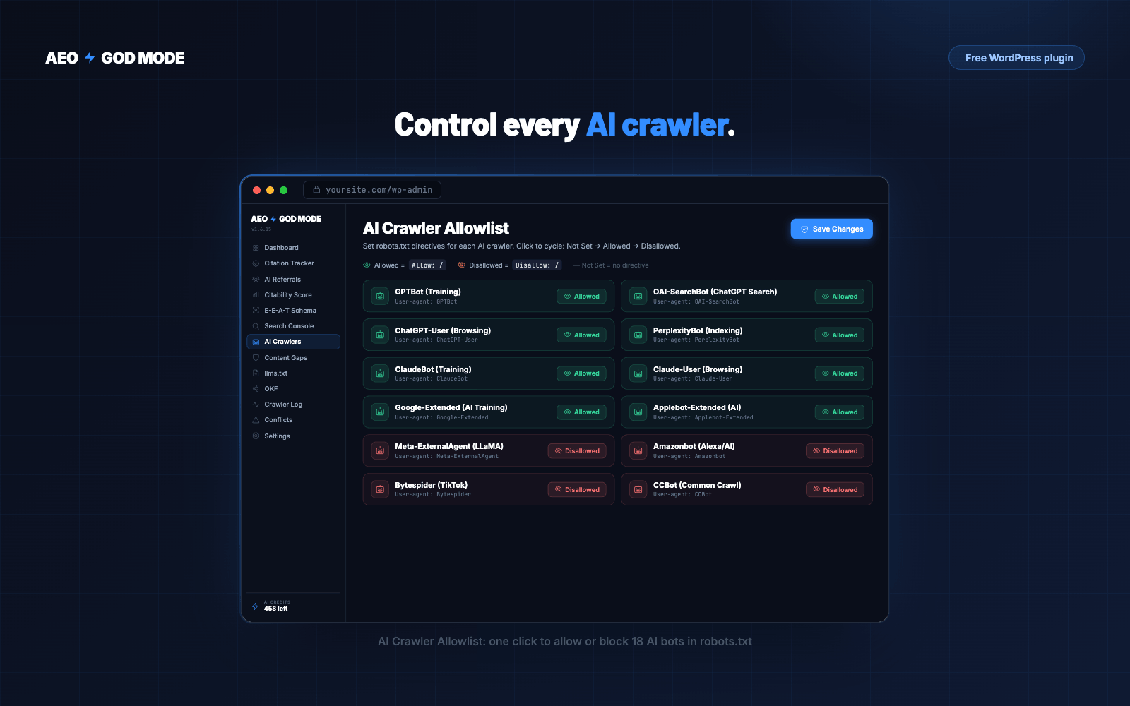 AEO God Mode dashboard showing health score, crawler access and module status