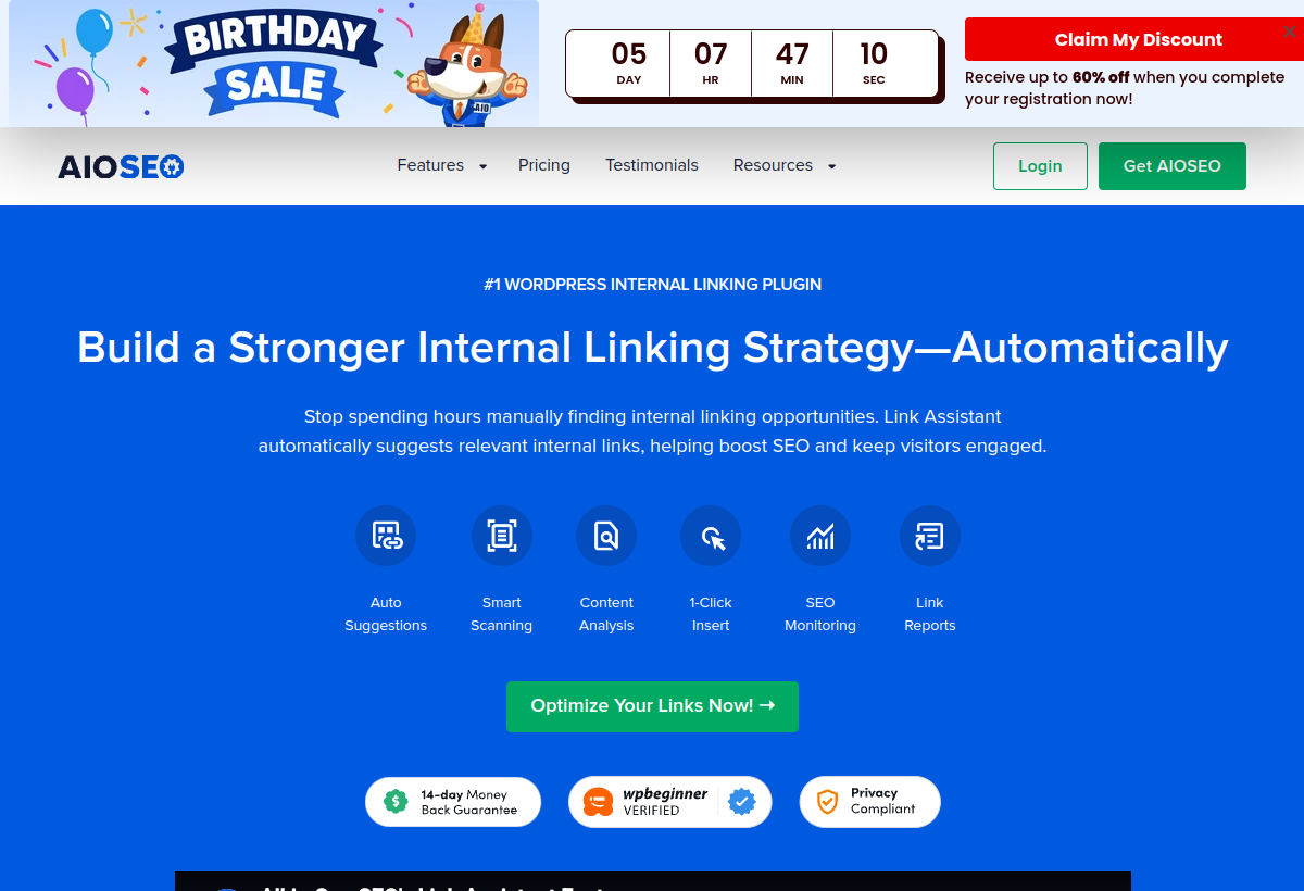 AIOSEO Link Assistant feature page screenshot