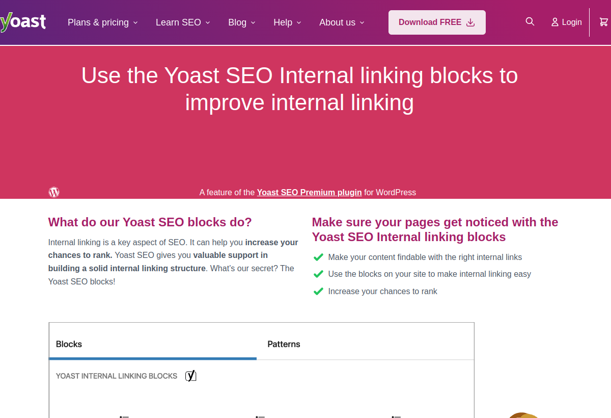 Yoast internal linking feature page screenshot